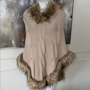 Linda Richard’s Faux Racoon Fur Trimmed Cable Knit Sweater Poncho - One Size